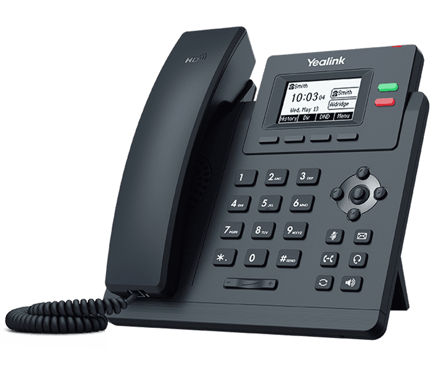 Teléfono IP Yealink con diseño ergonómico, conectividad Gigabit, y funciones básicas para llamadas VoIP de calidad en oficinas pequeñas.