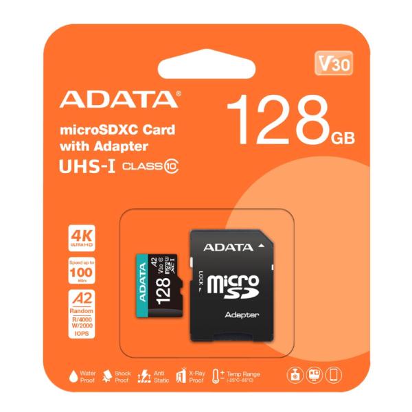 MEMORIA MICRO SDXC 128GB ADATA AUSDX128GUI3V30SA2-RA1 100MB/S LECTURA 85MB/S ESCRITURA PARA CAMARAS DASH CAMS SMARTPHONES TABLETS RESISTENTE ADAPTADOR SD