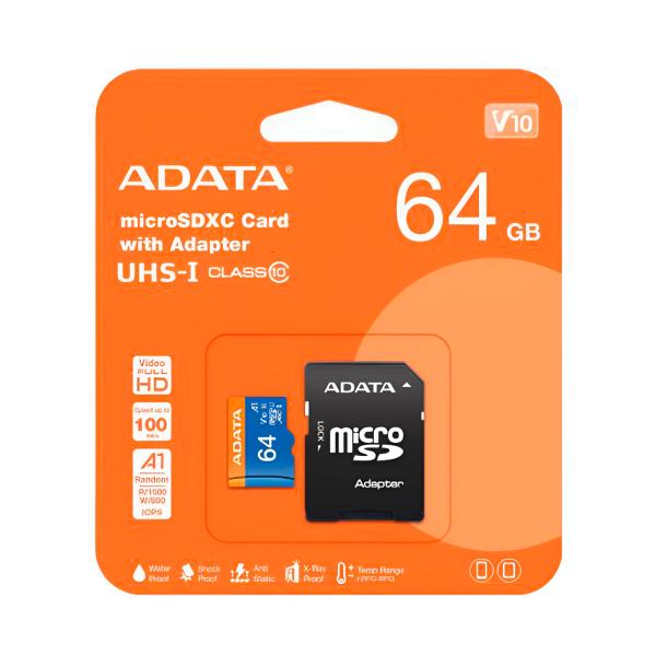 MEMORIA MICRO SD 64GB ADATA AUSDX64GUICL10A1-RA1 CLASE 10 100 MB/S PARA DISPOSITVOS MOVILES, cámaras DIGITALES Y CONSOLAS