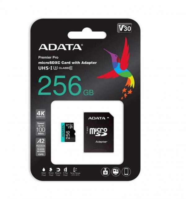 MEMORIA MICRO SDXC 256GB ADATA AUSDX256GUI3V30SA2-RA1 100 MB/S 80 MB/S PARA SMARTPHONES, TABLETS, cámaras DIGITALES