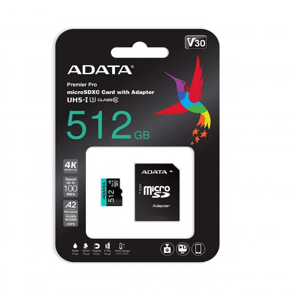 MEMORIA MICRO SDXC 512GB ADATA  AUSDX512GUI3V30SA2-RA1 CLASE 10 100 MB/S 85 MB/S PARA cámaras Y DIAPOSITIVOS MOVILES