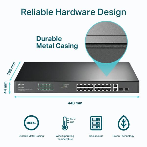 SWITCH TP LINK TL-SG1218MP 16 PUERTOS GIGABIT PoE+ / 2 PUERTOS GIGABIT RJ45 / 2 PUERTOS SFP RACK SMART MANAGED ADMINISTRABLE