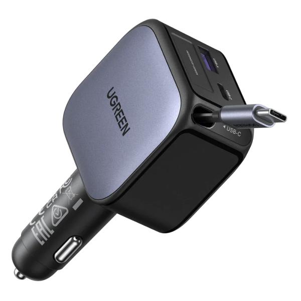 CARGADOR DE CARRO RETRACTIL UGREEN EC602 60W USB-C + USB-A 55212B