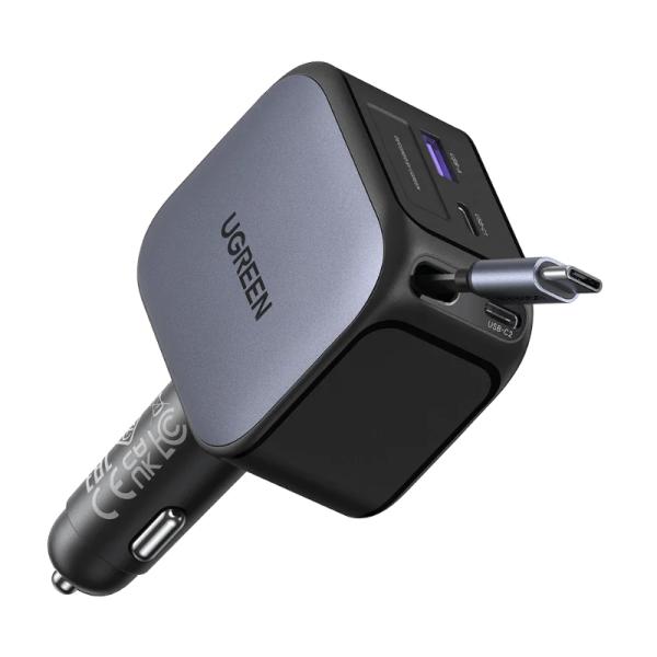 CARGADOR DE CARRO UGREEN EC604 retráctil 2X USB-C + USB-A 55910B