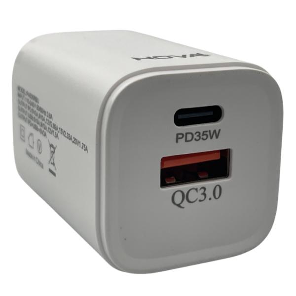 CARGADOR DE PARED NOVA PA035RBU001C 35W 1 PUERTO USB-C Y 1 PUERTO USB-A CARGA RAPIDA