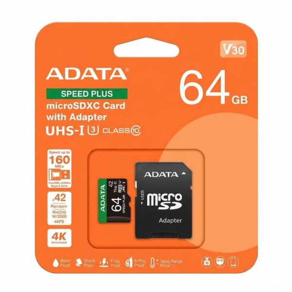 MEMORIA MICRO SDXC 64GB SPEED PLUS ADATA 180/160 MB/S CON ADAPTADOR UD64GUI3V30A2SP-RA1