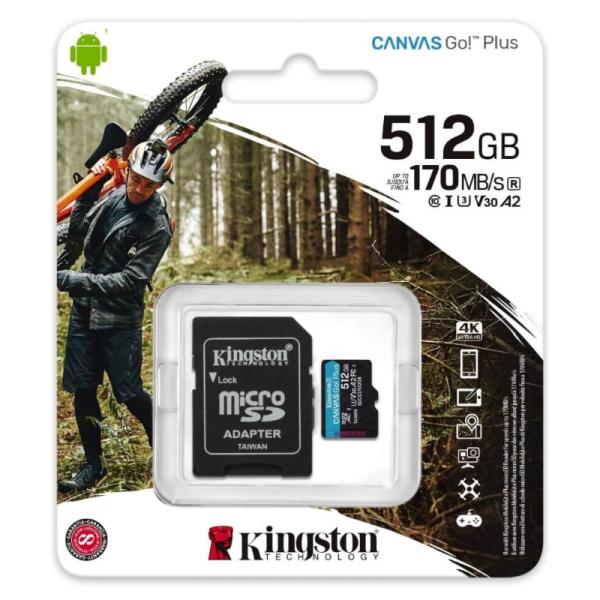MEMORIA MICRO SDXC 512GB KINGSTON CANVAS GO PLUS SDCG3/512GB CLASE 10 170 MB/S 90 MB/S PARA DISPOSITIVOS ANDROID, cámaras DRONES Y grabación DE VIDEO 4K
