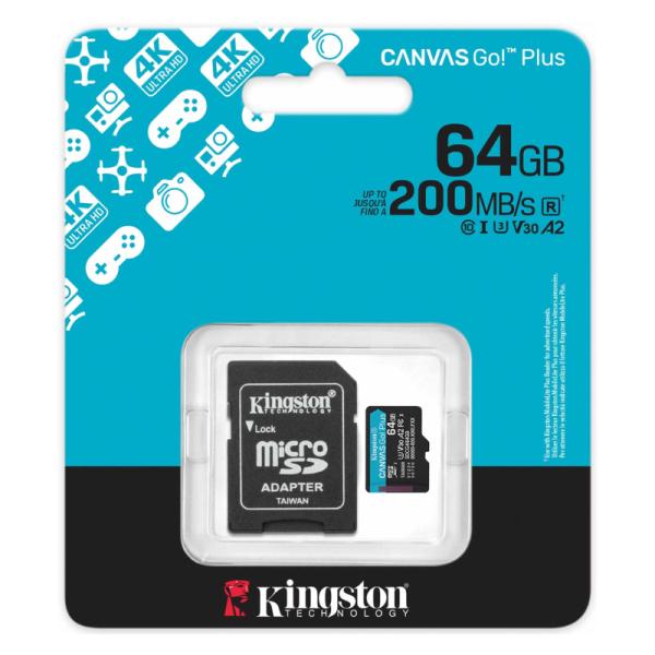 MEMORIA MICRO SD 64GB KINGSTON SDCG4/64GB UHS-I V30 200 MB/S / 100 MB/S PARA DRONES, cámaras DEPORTIVAS Y OTROS DISPOSITIVOS