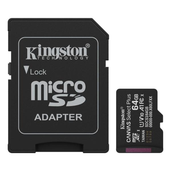 MEMORIA MICRO SD 64GB KINGSTON CANVAS SELECT PLUS GEN3 CLASE 10 UHS-I U1 V10 A1 100 MB/S DISPOSITIVOS ANDROID Y CAMARAS SDCS3/64GB